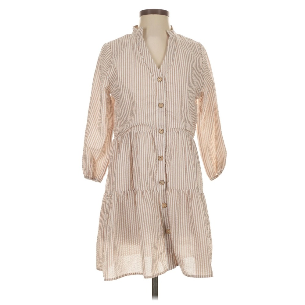 Pink Lily Tan White Striped Seersucker Tiered Button Front Dress Small